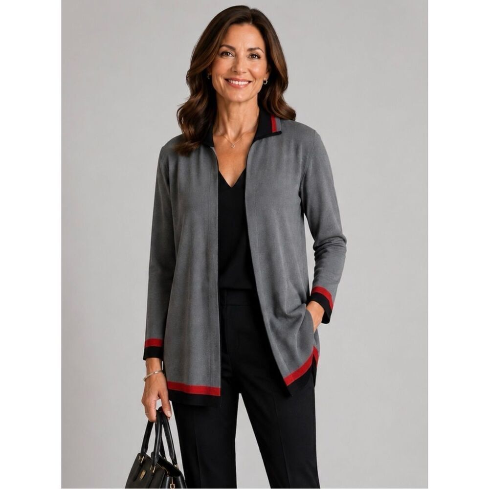 Exclusively Misook Open Front Cardigan Sweater in Gray Size Small